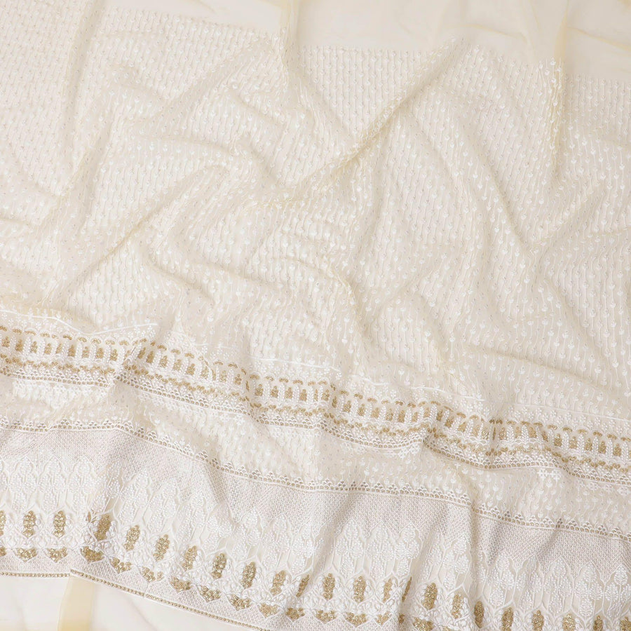 Gold nylon tulle fabric with white and gold embroidery having gold sequins in fancy design-D6906 - Regal Fabrics
