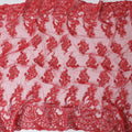 Scarlet red nylon tulle fabric with same tone embroidery in floral design-D11721