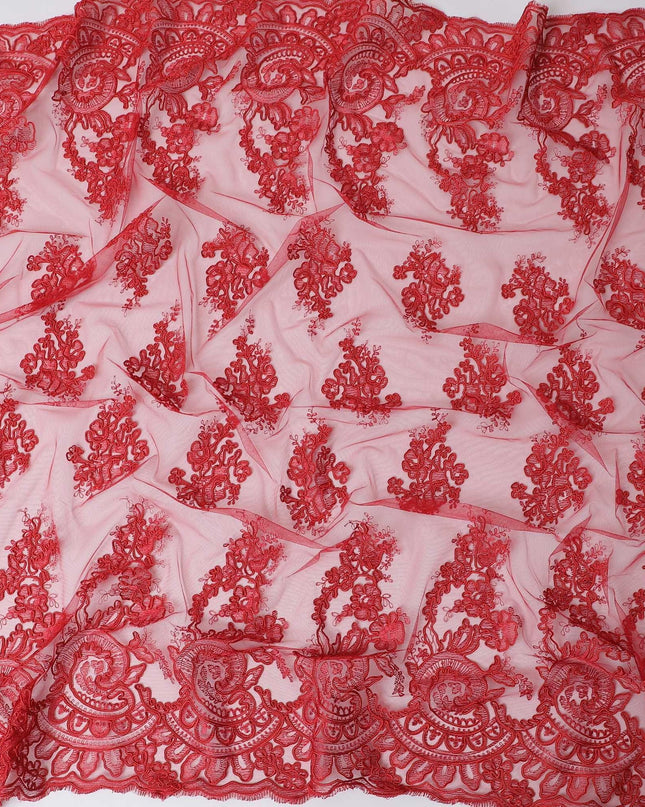 Scarlet red nylon tulle fabric with same tone embroidery in floral design-D11721 Regal Fabrics