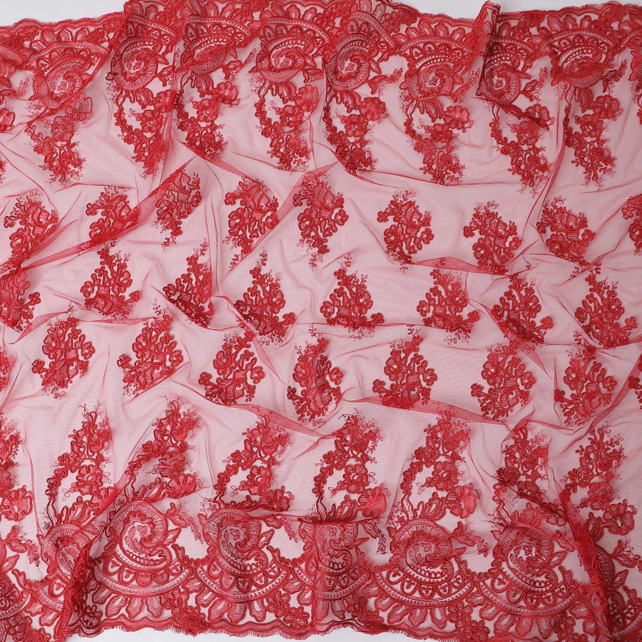 Scarlet red nylon tulle fabric with same tone embroidery in floral design-D11721