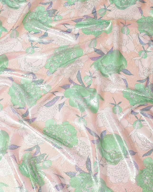 قماش من الشيفون الحريري الخالص الخوخي مع طباعة متعددة الألوان مع لوريكس معدني أخضر نيون بتصميم الأزهار-D14651
