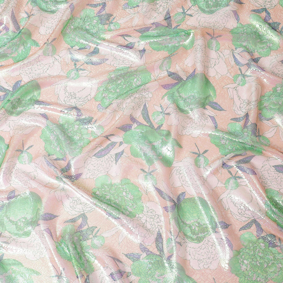 Peach Premium pure silk chiffon fabric with multicolor print having neon green metallic lurex in floral design-D14651