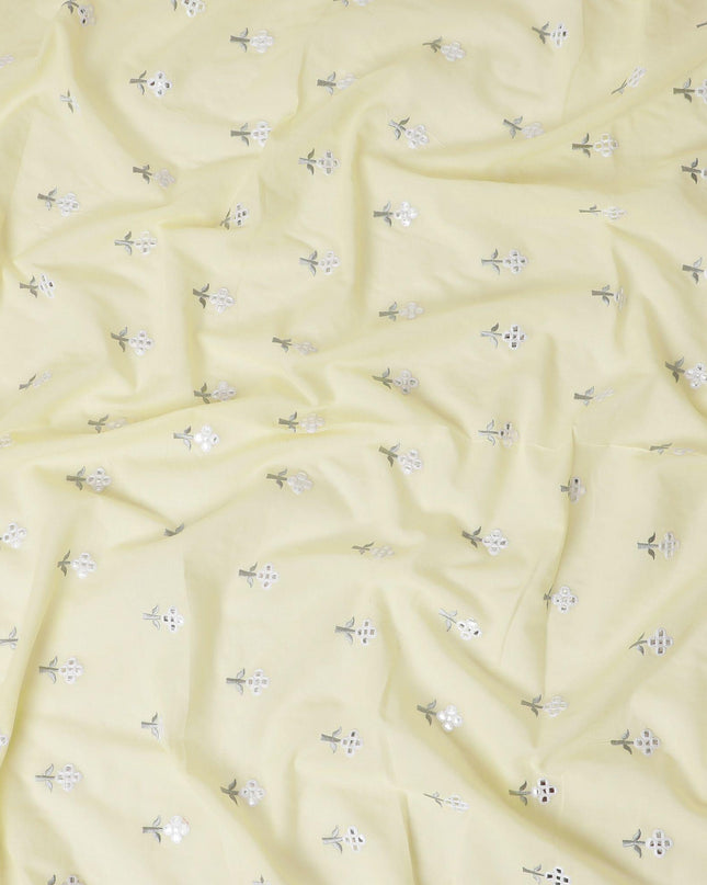 Flax yellow cotton voile fabric with grey and white embrodiery having mirror work in floral design-D12474