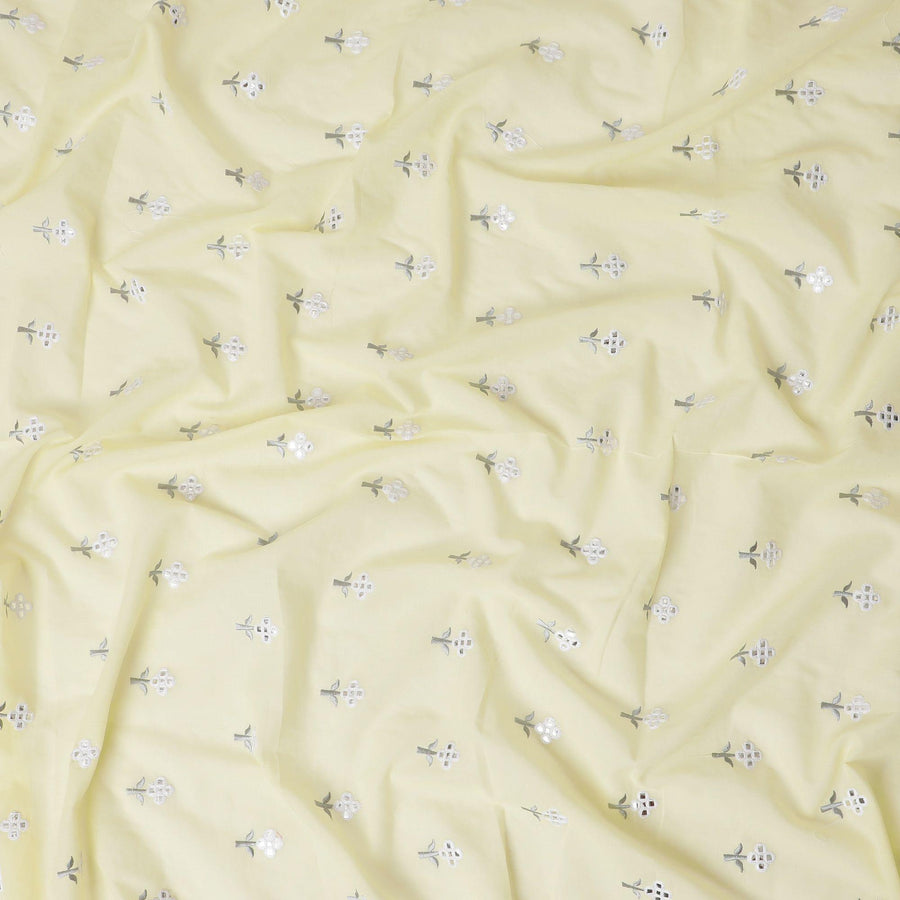 Flax yellow cotton voile fabric with grey and white embrodiery having mirror work in floral design-D12474