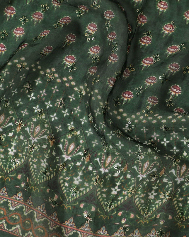 قماش شيفون صناعي أخضر اللون مع تطريز بالترتر بنفس اللون بتصميم الأزهار-D15436
