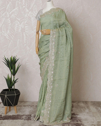 Sage green Premium silk jacquard organza saree with multicolor sequin embroidery having gold bead work in floral design-D15591