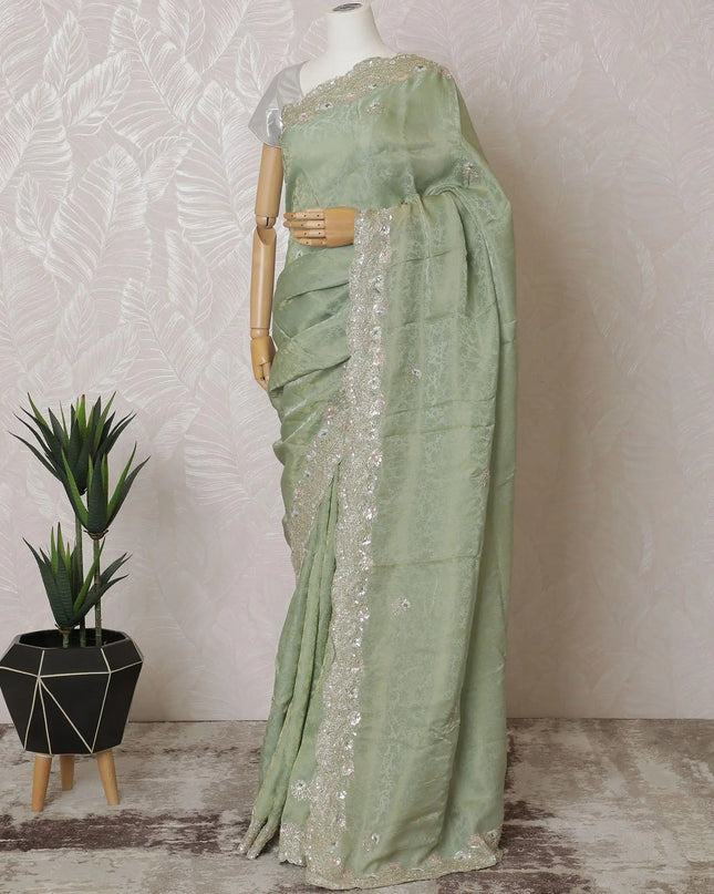 Sage green Premium silk jacquard organza saree with multicolor sequin embroidery having gold bead work in floral design-D15591 Regal Fabrics