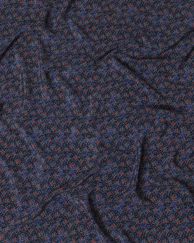 Indigo blue Premium pure silk crepe fabric with beige, blue and print in floral design-D13856