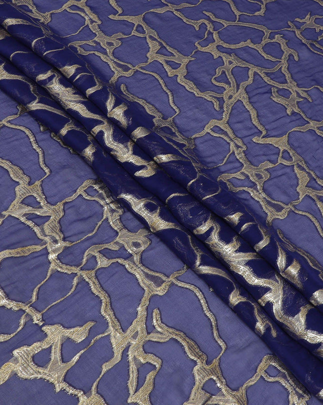 قماش شيفون من الحرير الخالص باللون الأزرق الملكي مع لوريكس معدني ذهبي بتصميم تجريدي -D13195