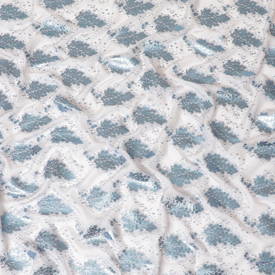 Rhino grey silk chiffon fabric with baby blue and copper metallic lurex in floral design-D8041