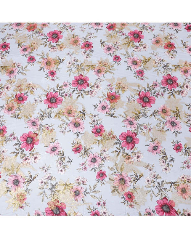 Light sky blue premium pure silk chiffon fabric with olive green and pink print having gold metallic lurex in floral design-D10581