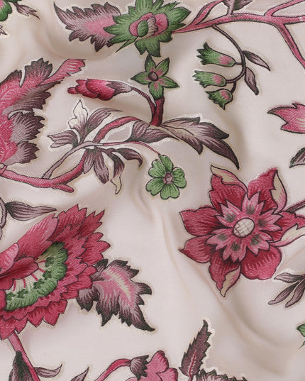 Cream synthetic chiffon fabric with multicolor print having jacquard in floral design-D13770
