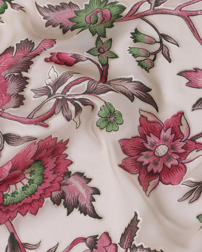 Cream synthetic chiffon fabric with multicolor print having jacquard in floral design-D13770 Regal Fabrics