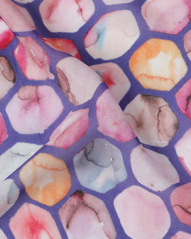 Purplish blue synthetic georgette fabric with multicolor print in geometric design-DD13314 Regal Fabrics