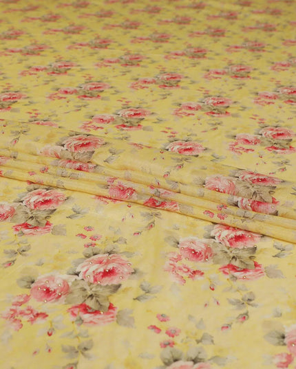 Sunflower yellow viscose fabric with hot pink, pale brown print having gold laminated stone work in floral design-D9262 Regal Fabrics