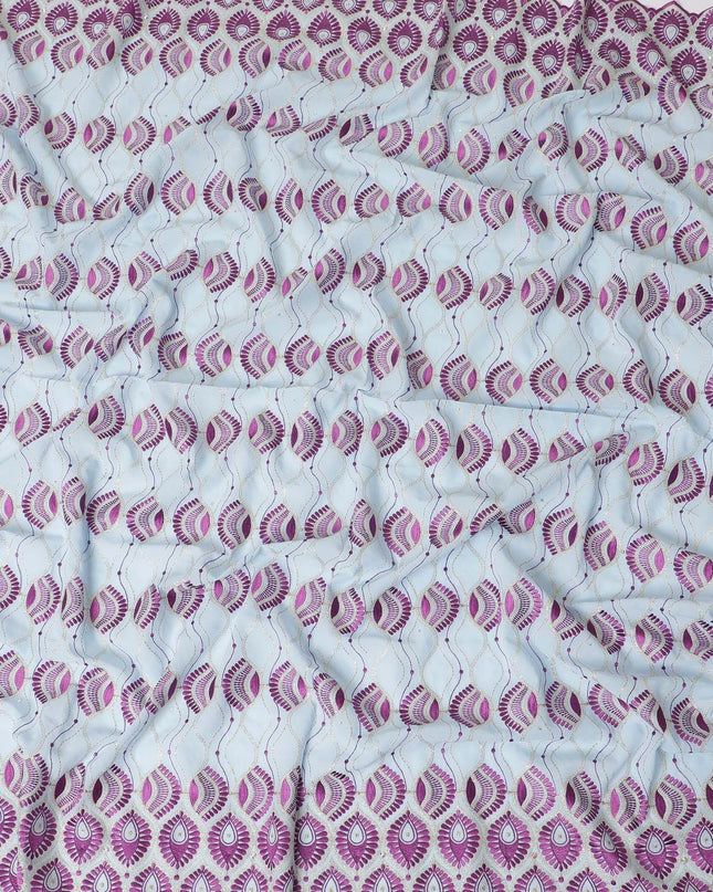 Powder blue Premium pure 100% Swiss cotton voile (Sudanese Thobe) fabric with purple, gold embroidery having stone work in floral design-D13565 Regal Fabrics