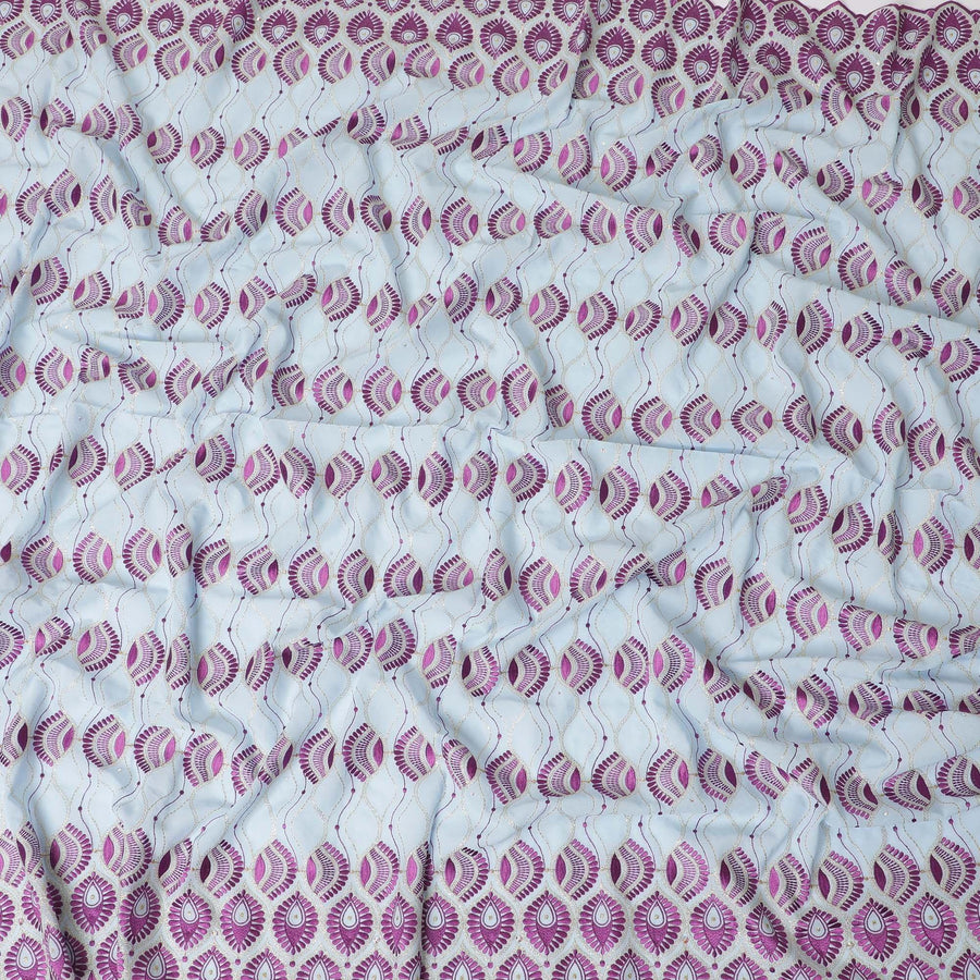 Powder blue Premium pure 100% Swiss cotton voile (Sudanese Thobe) fabric with purple, gold embroidery having stone work in floral design-D13565