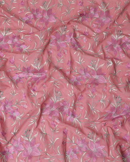 قماش الفوال القطني الخالص الفاخر باللون الوردي السلمون مع تطريز باللون الوردي القرميدي والأخضر الداكن والبيج بتصميم الأزهار-D15245