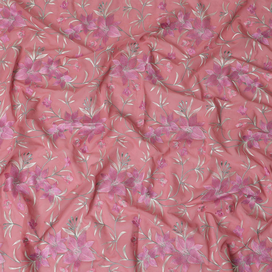 قماش الفوال القطني الخالص الفاخر باللون الوردي السلمون مع تطريز باللون الوردي القرميدي والأخضر الداكن والبيج بتصميم الأزهار-D15245