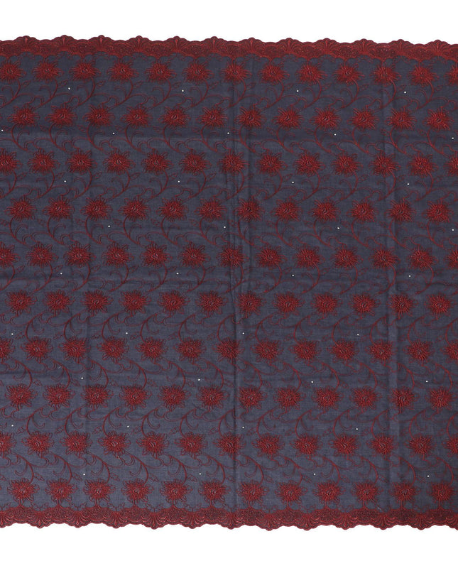 Dark navy blue Premium pure 100% Swiss cotton voile (Sudanese Thobe) fabric with crimson red and gold embroidery having stone work in fancy design-D13799