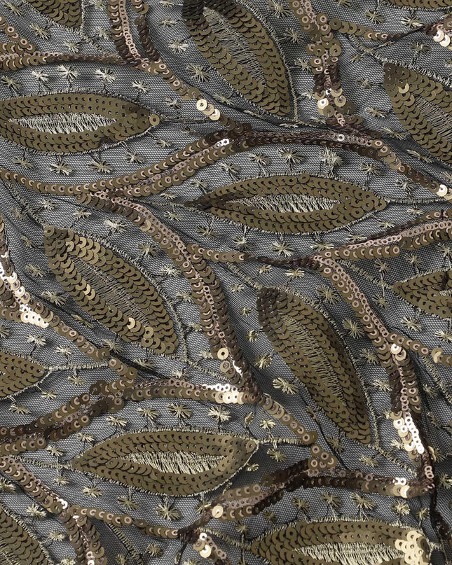 Black nylon tulle fabric with Copper, gold sequins and gold metallic embroidery inf leaf design