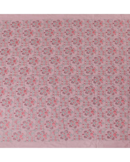 Thulian pink cotton voile fabric with peach, sage green and grey embroidery in floral design-D9774