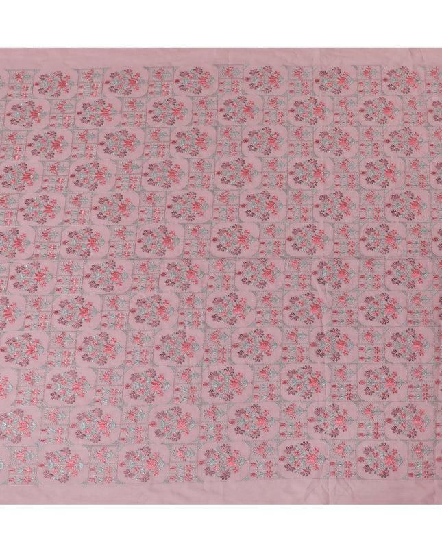 Thulian pink cotton voile fabric with peach, sage green and grey embroidery in floral design-D9774