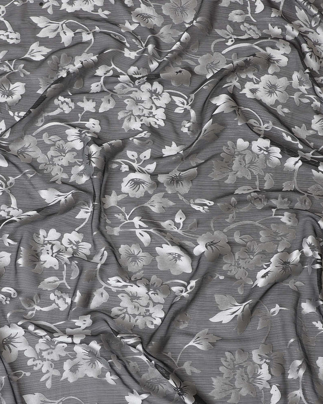 Black Premim pure silk chiffon fabric with silver jacquard in floral design-D15319