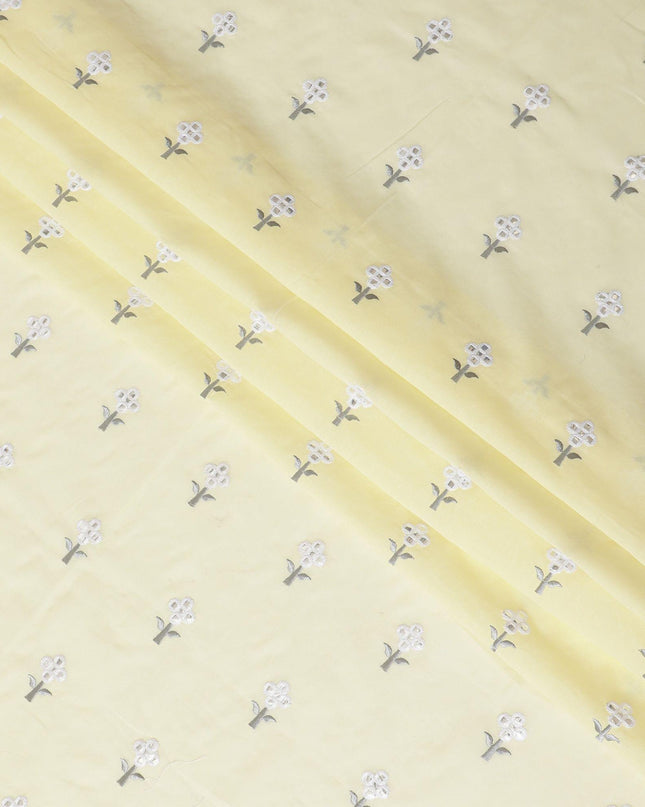 Flax yellow cotton voile fabric with grey and white embrodiery having mirror work in floral design-D12474