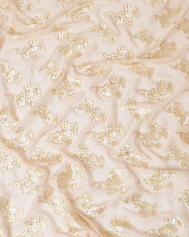 Light peach premium pure silk chiffon fabric with same tone viscose and gold metallic lurex in floral design-D13134
