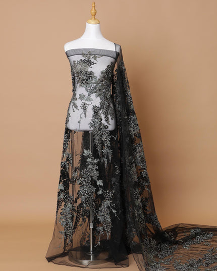 Black Premium wedding nylon tulle fabric with same tone, olive green embroidery having pearls and beads in floral design-D7922