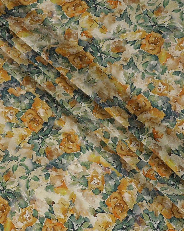 Beige viscose crepe fabric with multicolor print in floral design-D15647