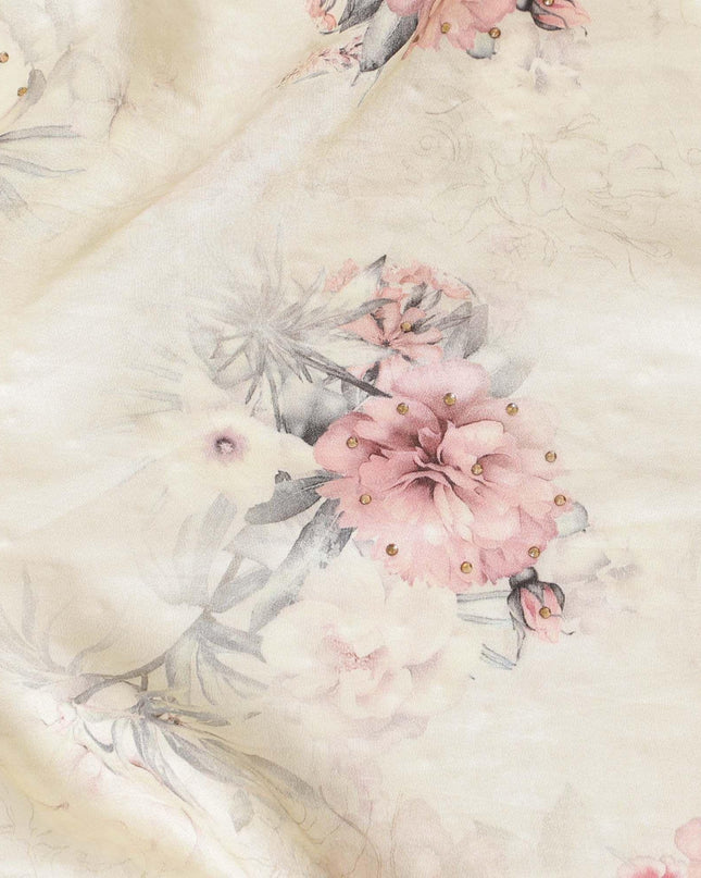 Beige viscose fabric with brown, olive green and brick pink print in floral design having stone work-D6726