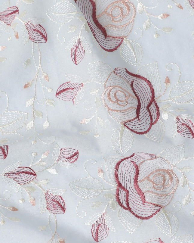 Powder blue Premium pure cotton voile fabric with dark brown and beige embroider in floral design-D15251