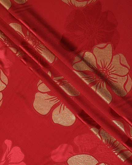 Crimson red Premium pure silk crepe fabric with same tone jacquard and gold metallic lurex in floral design-D14632 - Regal Fabrics