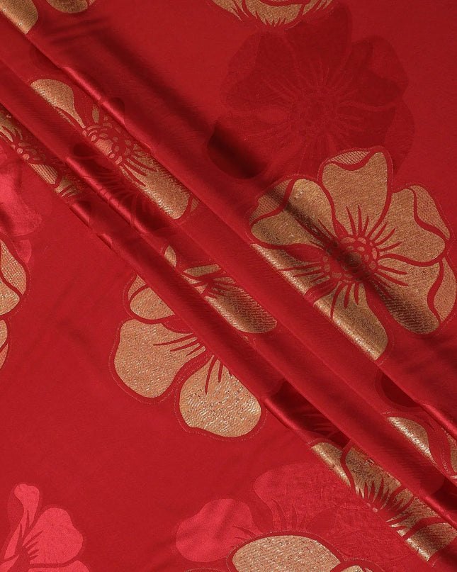 Crimson red Premium pure silk crepe fabric with same tone jacquard and gold metallic lurex in floral design-D14632 Regal Fabrics