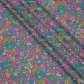 Violet silk crepe fabric with off white, blue, green, grey and yellow prints in floral design - D9916