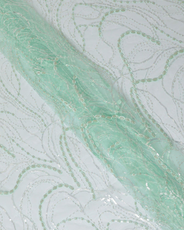 قماش تول نايلون أخضر نعناعي فاتح مع تطريز بنفس اللون وترتر وخرز بتصميم فاخر-D13970