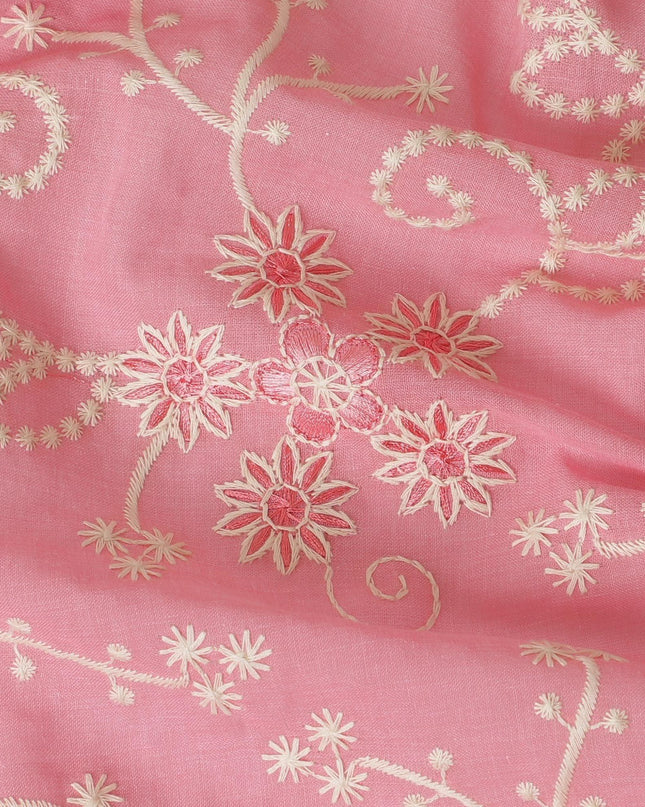 قماش الفوال القطني الخالص الفاخر باللون الوردي السلمون بنفس اللون والتطريز البيج بتصميم الأزهار-D13598