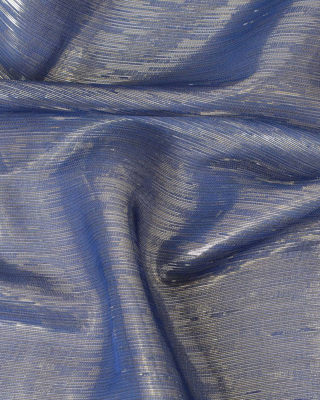 قماش شيفون من الحرير الخالص باللون الأزرق مع لوركس معدني ذهبي بتصميم مخطط -D12438