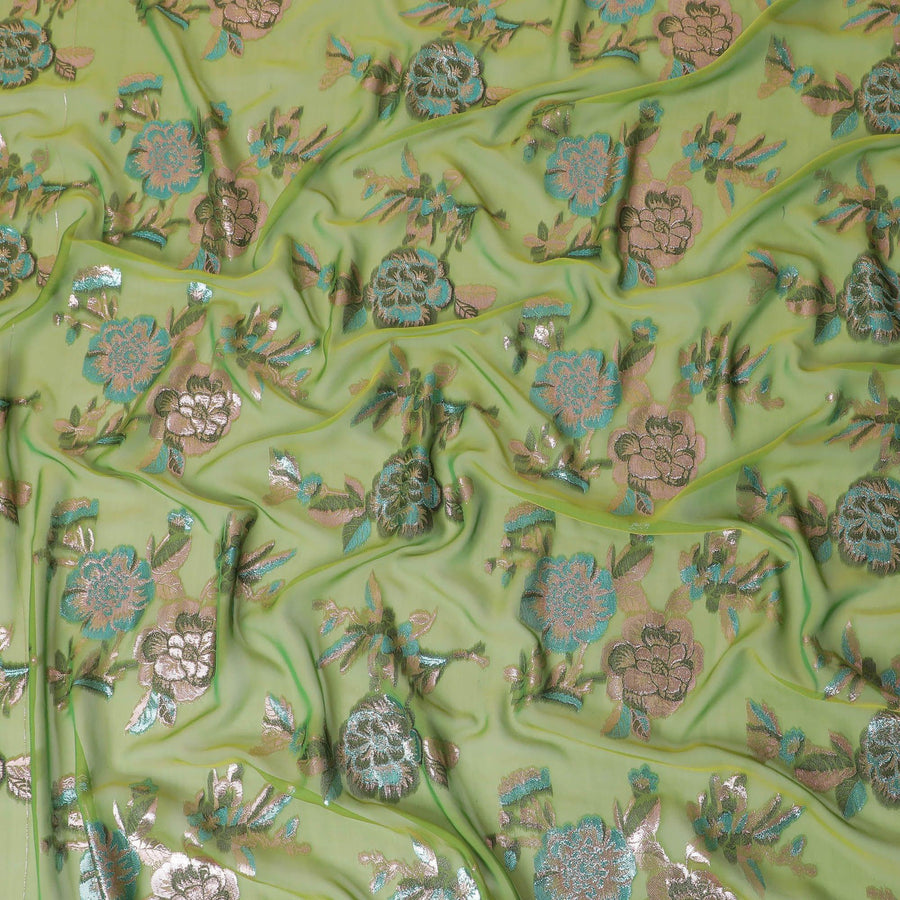 Paris green premium pure silk chiffon fabric with same tone, copper and blue metallic lurex in floral design-D13727