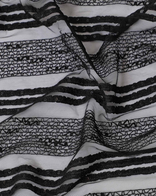 Black nylon tulle fabric with same tone embroidery and sequins in stripe design-D6666