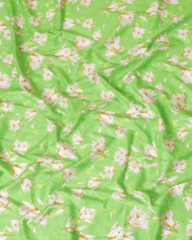 Screamin green uragiri cotton voile fabric with same tone jacquard having off white, light mustard and peach print in floral design-D7322 Regal Fabrics