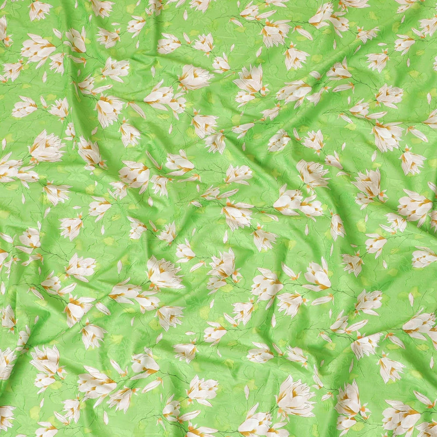 Screamin green uragiri cotton voile fabric with same tone jacquard having off white, light mustard and peach print in floral design-D7322 Regal Fabrics