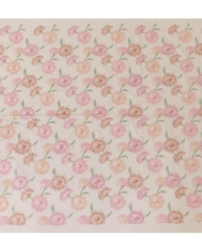 Beige cotton voile fabric with sage green, baby pink and peach embroidery in floral design-D14470