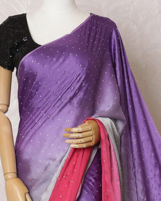 Magenta pink to purple Premium pure changent silk chiffon saree having stone work in Ombre design-D15510