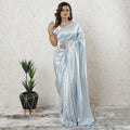 Powder blue plain Premium French lame Saree with silver foil finish-D9565