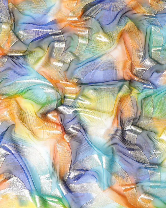 قماش شيفون من الحرير الخالص متعدد الألوان مع لوريكس معدني ذهبي بتصميم تجريدي-D9695