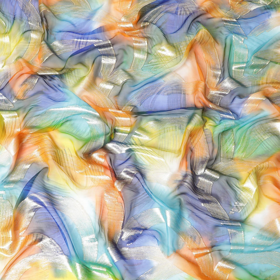 قماش شيفون من الحرير الخالص متعدد الألوان مع لوريكس معدني ذهبي بتصميم تجريدي-D9695