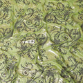Lime green premium pure silk chiffon fabric with black flock having glitter and gold metallic lurex in floral design-D13721